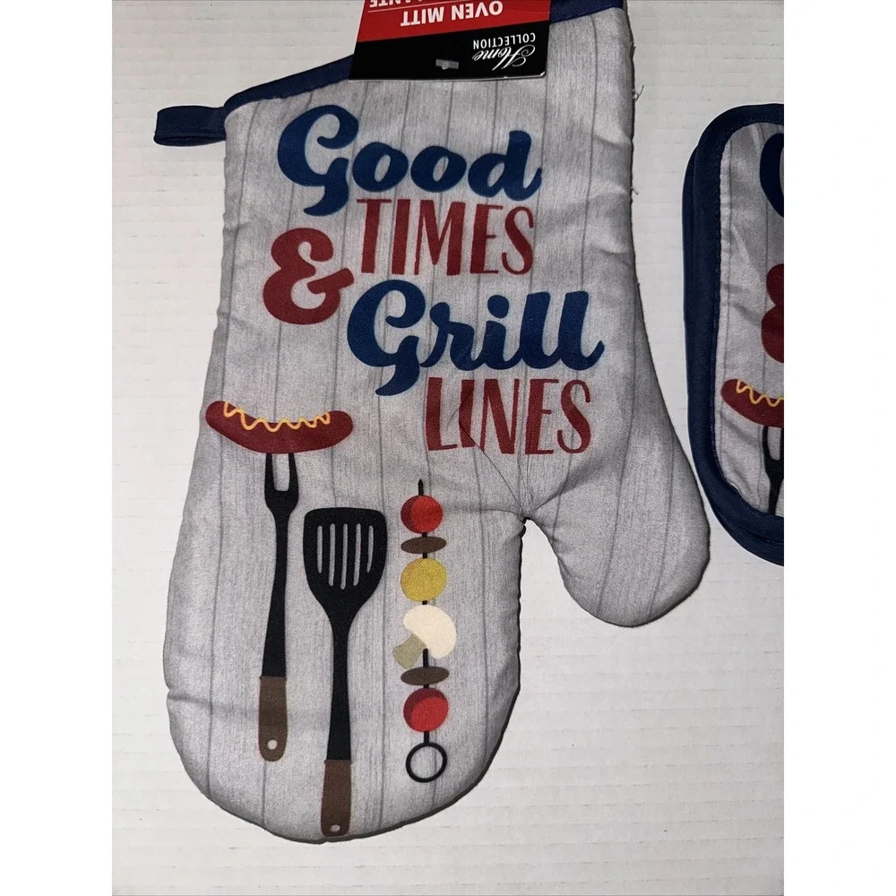 Home Collection Good Times & Grill Lines Oven Mitt and Pot Holders BBQ Set Gray